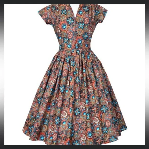 SOLD | Bernie Dexter Kelly Dress Heritage Print Pinup 50s Jewel Tone SMALL - Picture 1 of 13